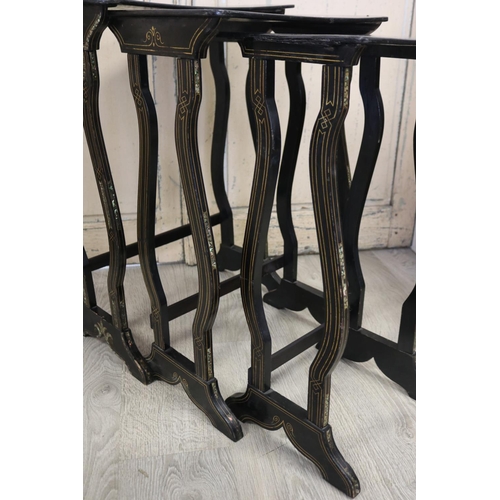 357 - Antique black lacquer chinoiserie Nest of three  tables, approx 71cm H x 48cm W x 32cm D and smaller