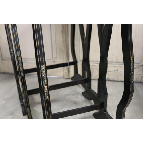 357 - Antique black lacquer chinoiserie Nest of three  tables, approx 71cm H x 48cm W x 32cm D and smaller