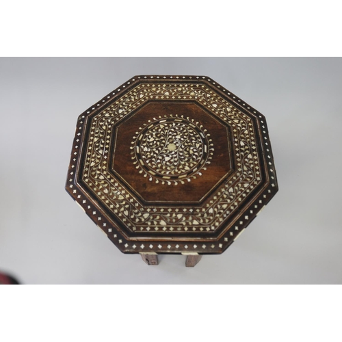 360 - Antique/vintage  Small Indian folding tea table, bone inlay top and folding base, approx 32cm H x 33... 