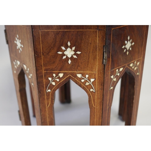 360 - Antique/vintage  Small Indian folding tea table, bone inlay top and folding base, approx 32cm H x 33... 