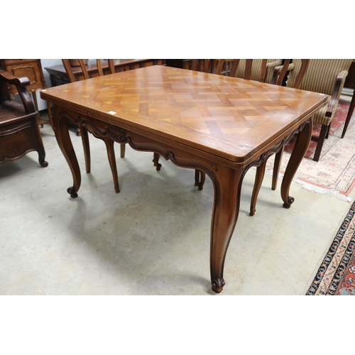 374 - French oak Louis XV style parquetry topped draw leaf table, approx 75cm H x 130cm W closed x 99cm D