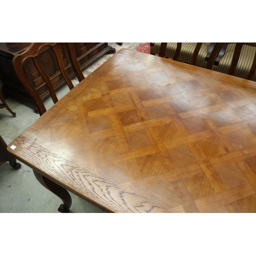 374 - French oak Louis XV style parquetry topped draw leaf table, approx 75cm H x 130cm W closed x 99cm D