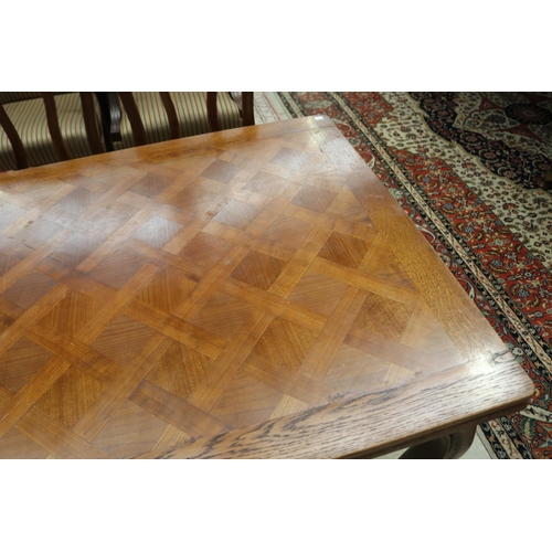 374 - French oak Louis XV style parquetry topped draw leaf table, approx 75cm H x 130cm W closed x 99cm D