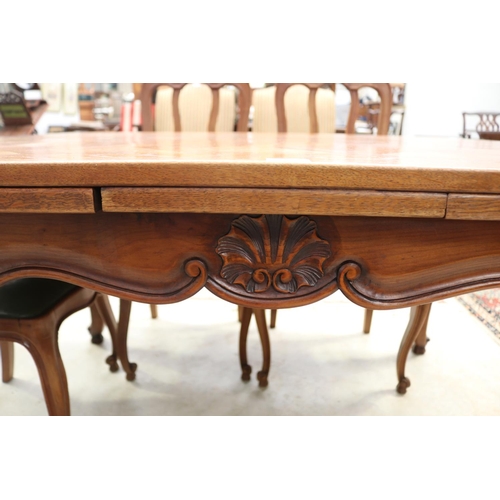 374 - French oak Louis XV style parquetry topped draw leaf table, approx 75cm H x 130cm W closed x 99cm D