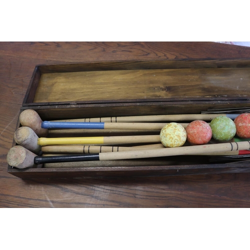 376 - French croquet set in original wooden box, box approx 13cm H x 89cm W (ex handles) x 20cm D