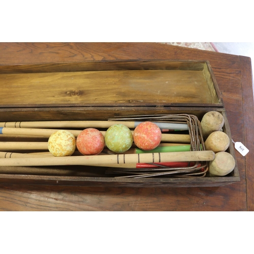 376 - French croquet set in original wooden box, box approx 13cm H x 89cm W (ex handles) x 20cm D