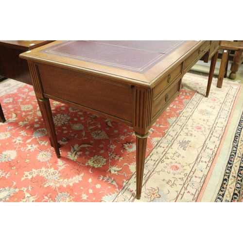 385 - French Louis XVI style desk, with brass banded trim.  approx 75cm H x 150cm W x 74cm D