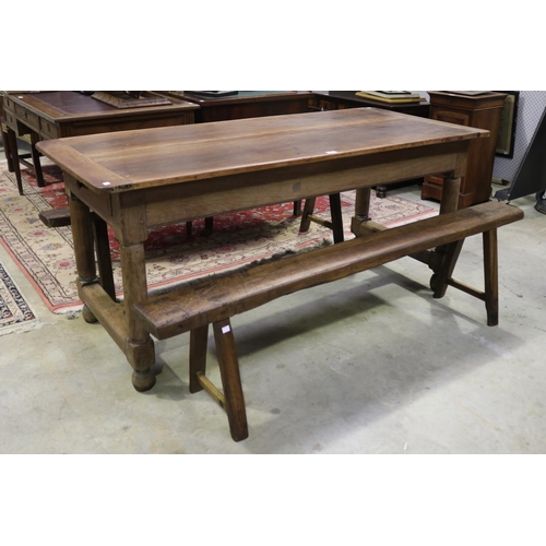 388 - Antique French oak country table with a pair of matching stools, table approx 76cm H x 172cm W x 77c... 