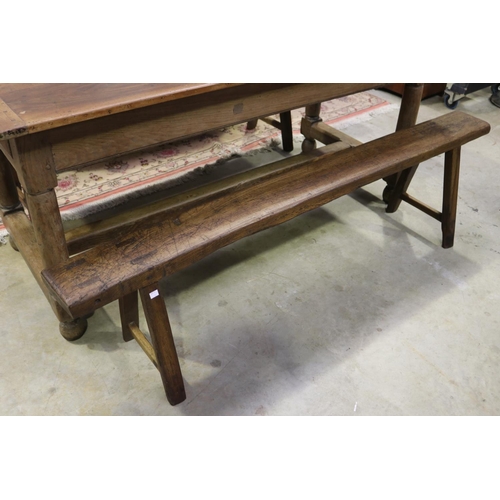 388 - Antique French oak country table with a pair of matching stools, table approx 76cm H x 172cm W x 77c... 