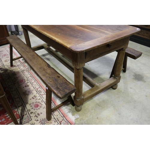 388 - Antique French oak country table with a pair of matching stools, table approx 76cm H x 172cm W x 77c... 