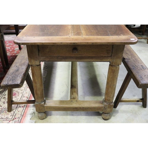 388 - Antique French oak country table with a pair of matching stools, table approx 76cm H x 172cm W x 77c... 