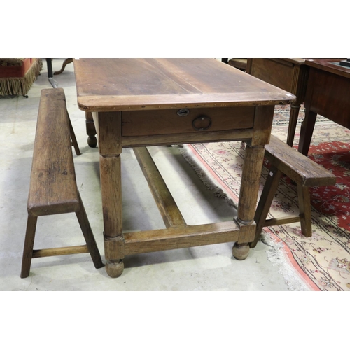 388 - Antique French oak country table with a pair of matching stools, table approx 76cm H x 172cm W x 77c... 