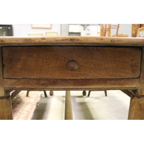 388 - Antique French oak country table with a pair of matching stools, table approx 76cm H x 172cm W x 77c... 