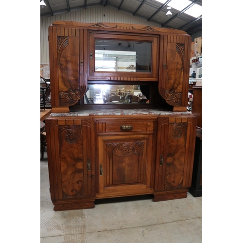 390 - French Art Deco period two height buffet, with central marble section, approx 198cm H x 157cm W x 51... 