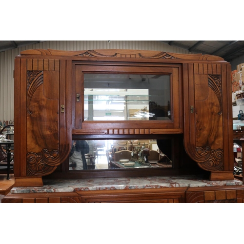 390 - French Art Deco period two height buffet, with central marble section, approx 198cm H x 157cm W x 51... 