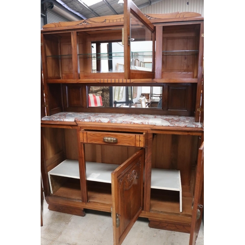 390 - French Art Deco period two height buffet, with central marble section, approx 198cm H x 157cm W x 51... 