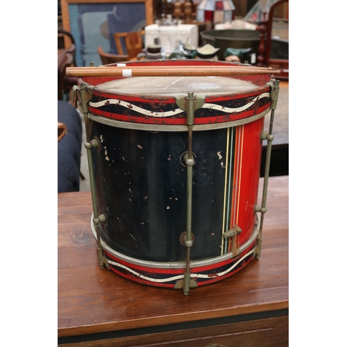 392 - Vintage Remo weather king drum with sticks, approx 37cm Dia