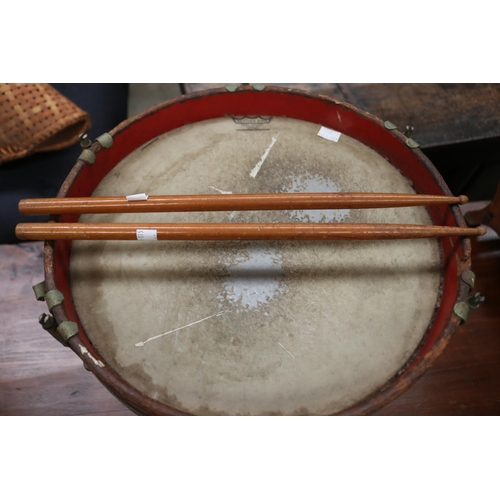 392 - Vintage Remo weather king drum with sticks, approx 37cm Dia