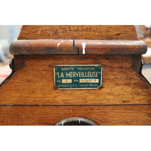 393 - Antique French butter churn, label to front, approx 48cm H x 68cm W including handle