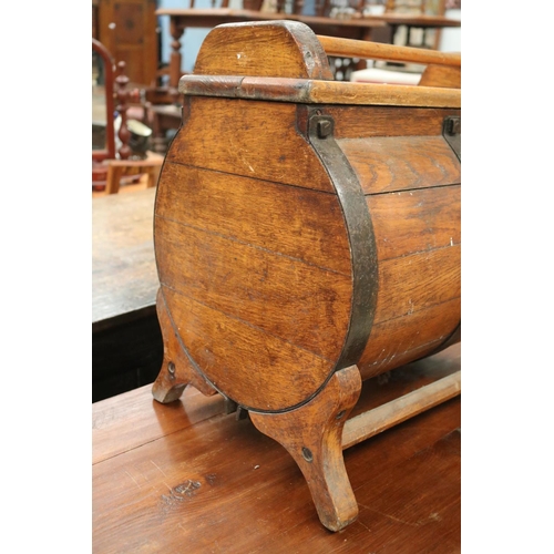 393 - Antique French butter churn, label to front, approx 48cm H x 68cm W including handle