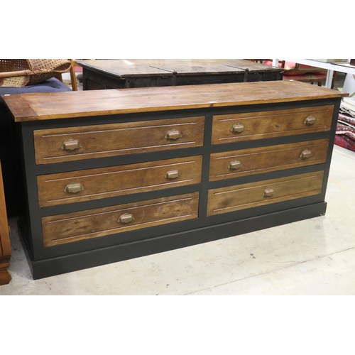 394 - French six long drawer cabinet, with metal cup handles, approx 77cm H x 181cm W x 49cm D