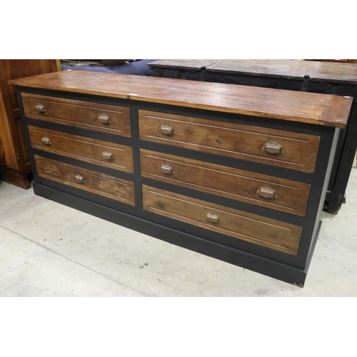 394 - French six long drawer cabinet, with metal cup handles, approx 77cm H x 181cm W x 49cm D