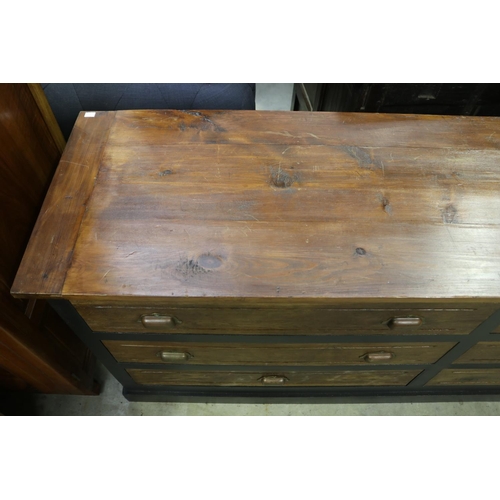 394 - French six long drawer cabinet, with metal cup handles, approx 77cm H x 181cm W x 49cm D