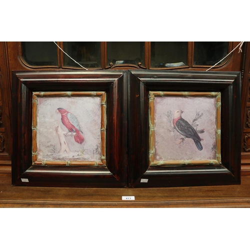 442 - Two painted tin framed panels of colourful parrots, each approx 22cm H x 21cm W & frame approx 39.5c... 