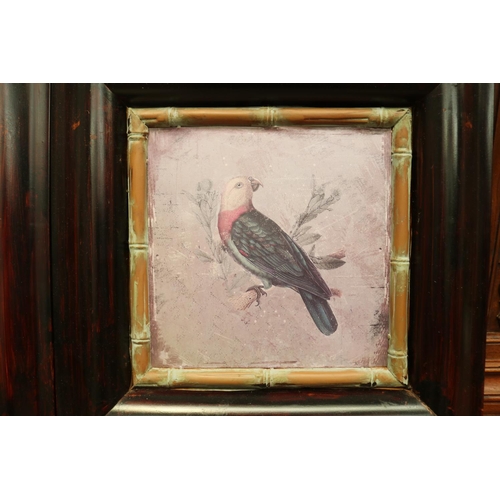 442 - Two painted tin framed panels of colourful parrots, each approx 22cm H x 21cm W & frame approx 39.5c... 
