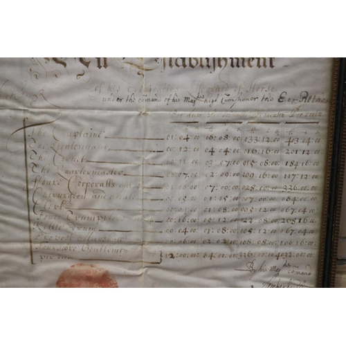 254 - Rare Framed antique 17th century Scottish hand written ink list of wages for the Kings Life guard of... 
