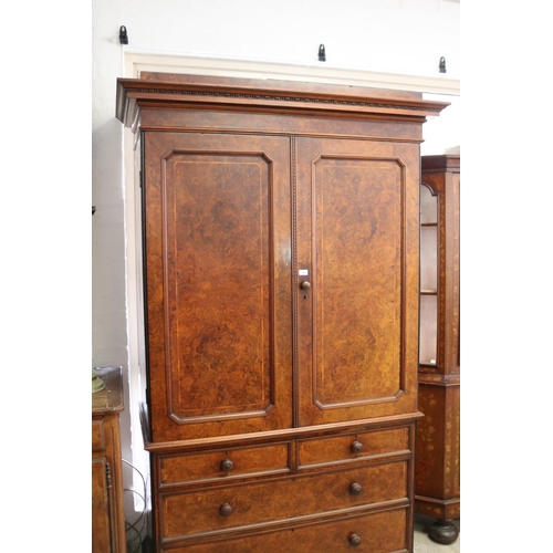 260 - Fine antique 19th century figured walnut press on chest, canted corner recessed paneled two door top... 