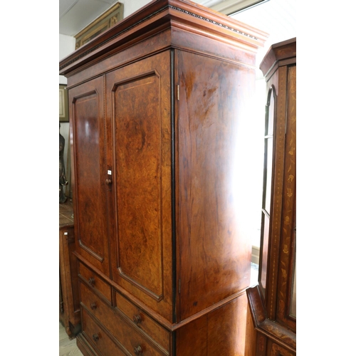 260 - Fine antique 19th century figured walnut press on chest, canted corner recessed paneled two door top... 