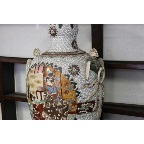 269 - Impressive Large antique Japanese pottery baluster floor vase, painted in raised enamel panels of Sa... 