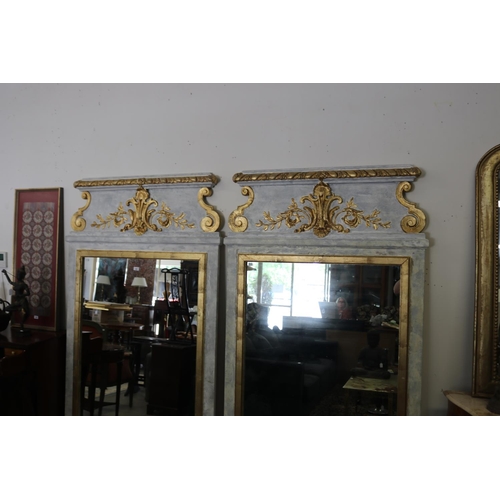289 - Pair of large French pier mirrors, each distressed painted with raised gilt decoration, each approx ... 