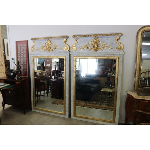 289 - Pair of large French pier mirrors, each distressed painted with raised gilt decoration, each approx ... 