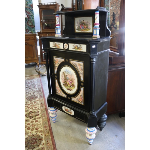 351 - Antique Continental, most likely German, ebonized cabinet with porcelain panels  legs,  brass mounts... 