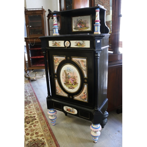 351 - Antique Continental, most likely German, ebonized cabinet with porcelain panels  legs,  brass mounts... 