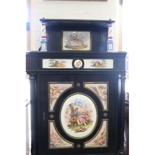 351 - Antique Continental, most likely German, ebonized cabinet with porcelain panels  legs,  brass mounts... 