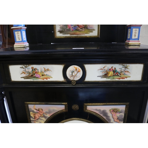 351 - Antique Continental, most likely German, ebonized cabinet with porcelain panels  legs,  brass mounts... 