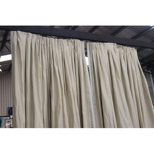 451 - Should read - Pair of polyester curtains, pale lemon-green, each approx 340cm H x 225cm W (open/stre... 