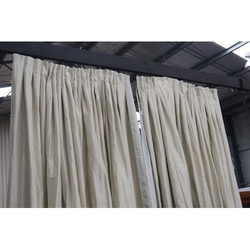 452 - Should read - Pair of polyester curtains, pale lemon-green, each approx 330cm H x 225cm (open/stretc... 