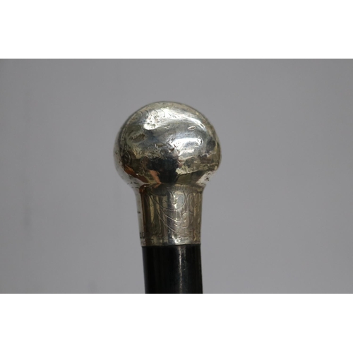 11 - Ebonised walking stick with ball form finial, approx 91cm L