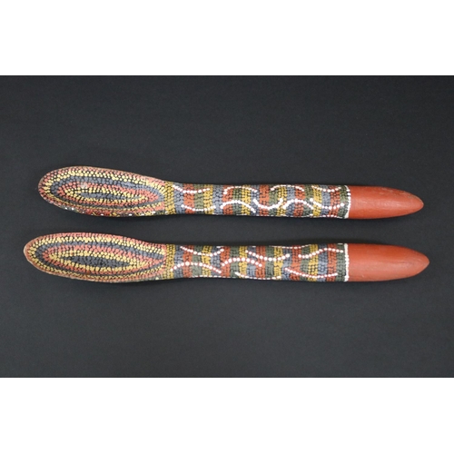 3012 - Kitty Pultara Nabaljari, (Australian Aboriginal deceased) Pair of painted spoons, bean tree, dated 8... 