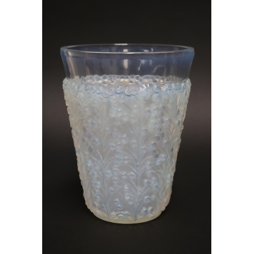 Rene Lalique Vase Saint-Tropez vase,  opalescent glass etched R. Lalique signature, decorated with fruiting stems Model: 10-915 Circa 1937 19cm high  Good sound condition no damage or chips