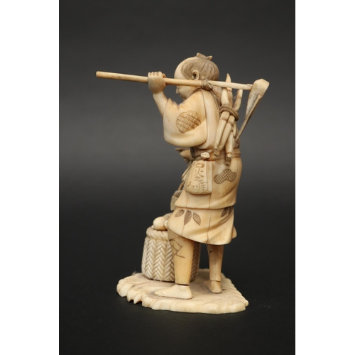 8 - Fine antique carved Japanese ivory okimono  of a farmer, holding tools & basket, approx 13.5cm H