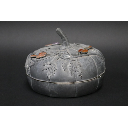 71 - Antique Japanese pewter pumpkin box, with applied hardstone decoration to cover, approx 16 cmdia