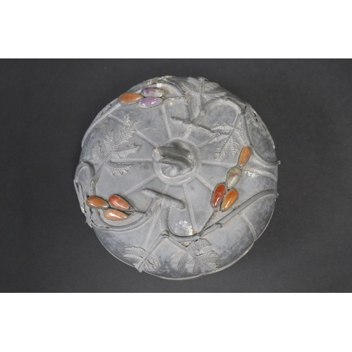 71 - Antique Japanese pewter pumpkin box, with applied hardstone decoration to cover, approx 16 cmdia