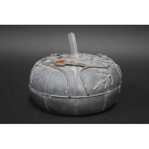 71 - Antique Japanese pewter pumpkin box, with applied hardstone decoration to cover, approx 16 cmdia