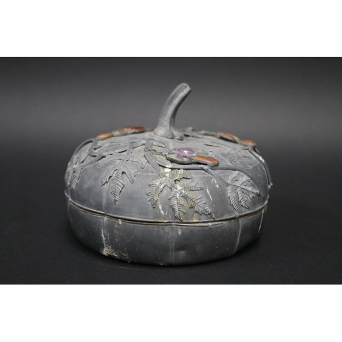 71 - Antique Japanese pewter pumpkin box, with applied hardstone decoration to cover, approx 16 cmdia