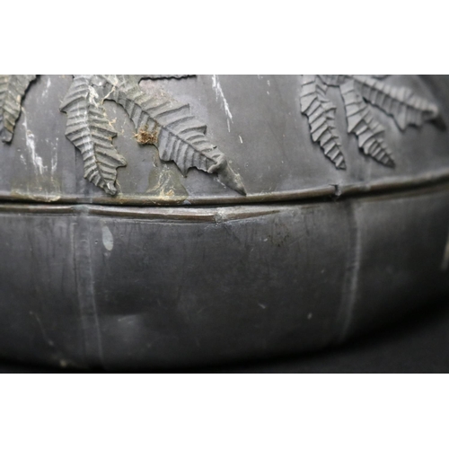 71 - Antique Japanese pewter pumpkin box, with applied hardstone decoration to cover, approx 16 cmdia